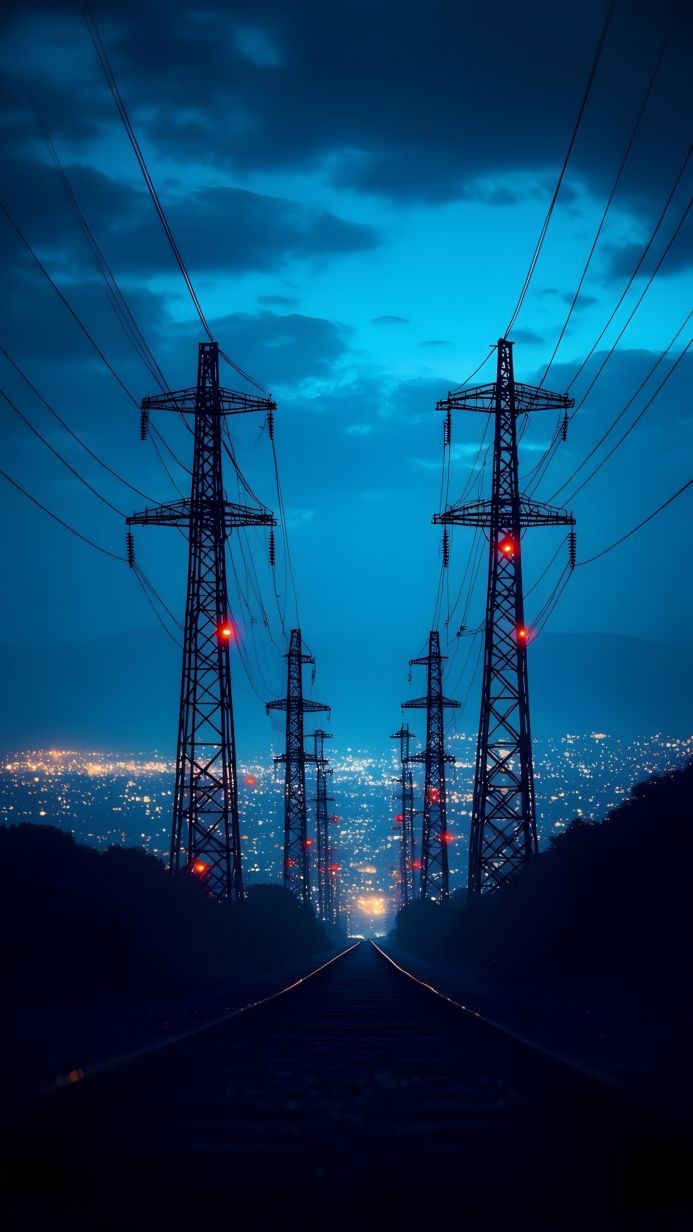 Power lines and railway receding into city lights at night under a blue sky