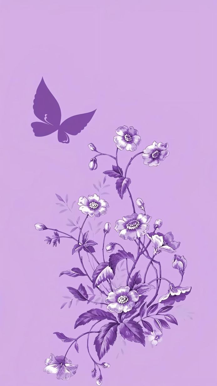 A purple butterfly hovers over a bouquet of white and purple flowers on a lavender background