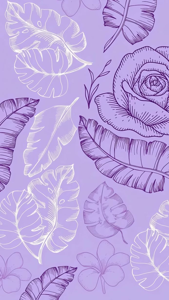Purple and white floral pattern with roses, frangipani, and tropical leaves