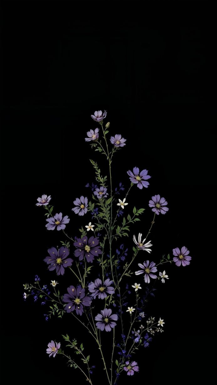 A delicate floral arrangement featuring purple and white flowers on a black background