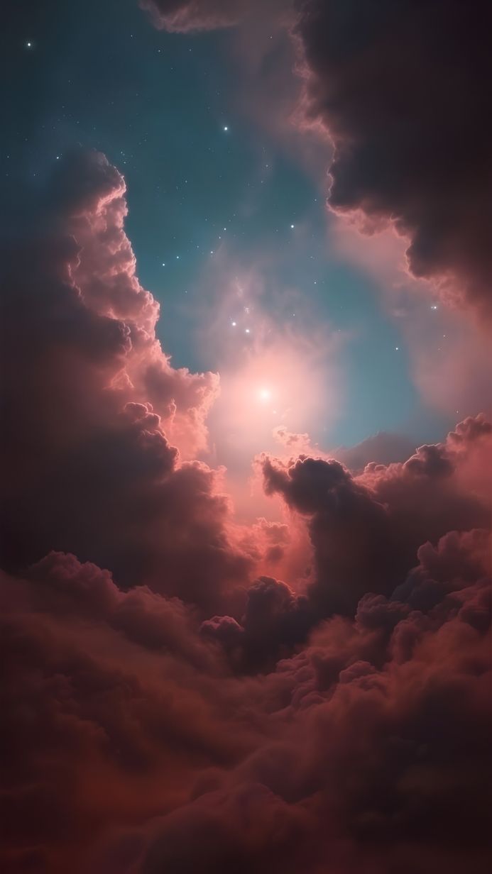 Red clouds against a blue sky with stars and a bright light source