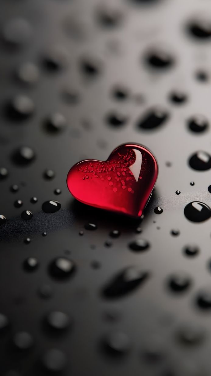 A red heart on a wet black surface surrounded by water droplets