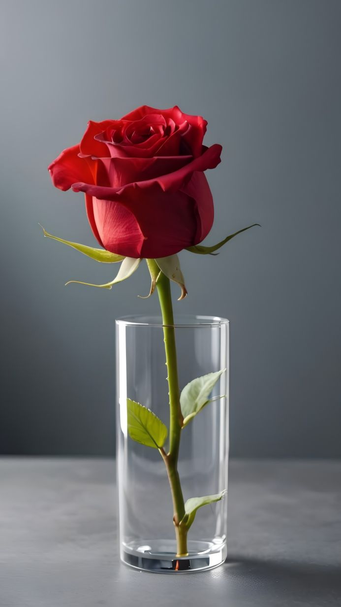 A single red rose in a clear glass vase against a grey background