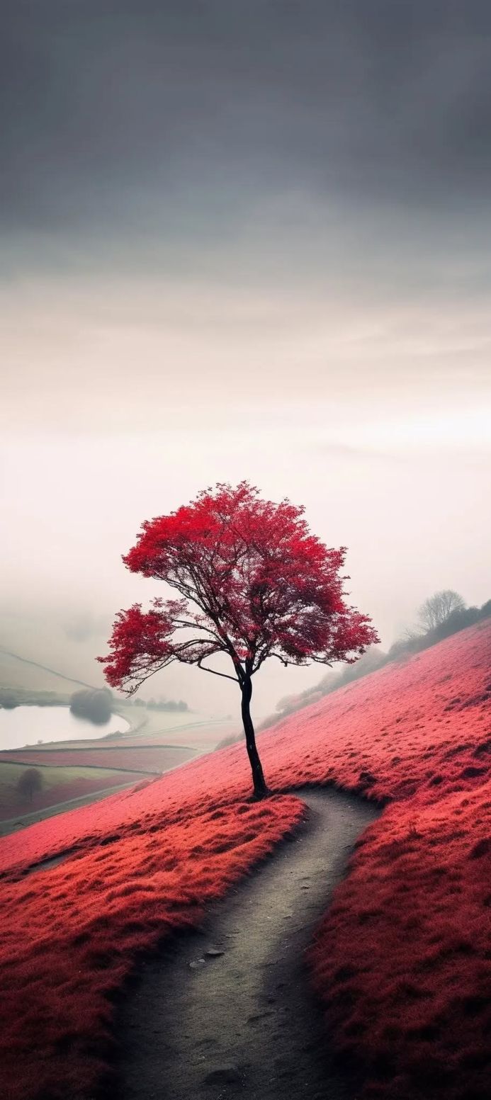 A single tree with red leaves on a hillside with a path leading through the red field