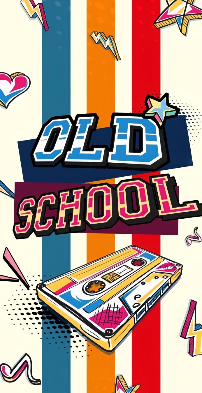 A colorful illustration of a cassette tape with "Old School" text on a retro striped background