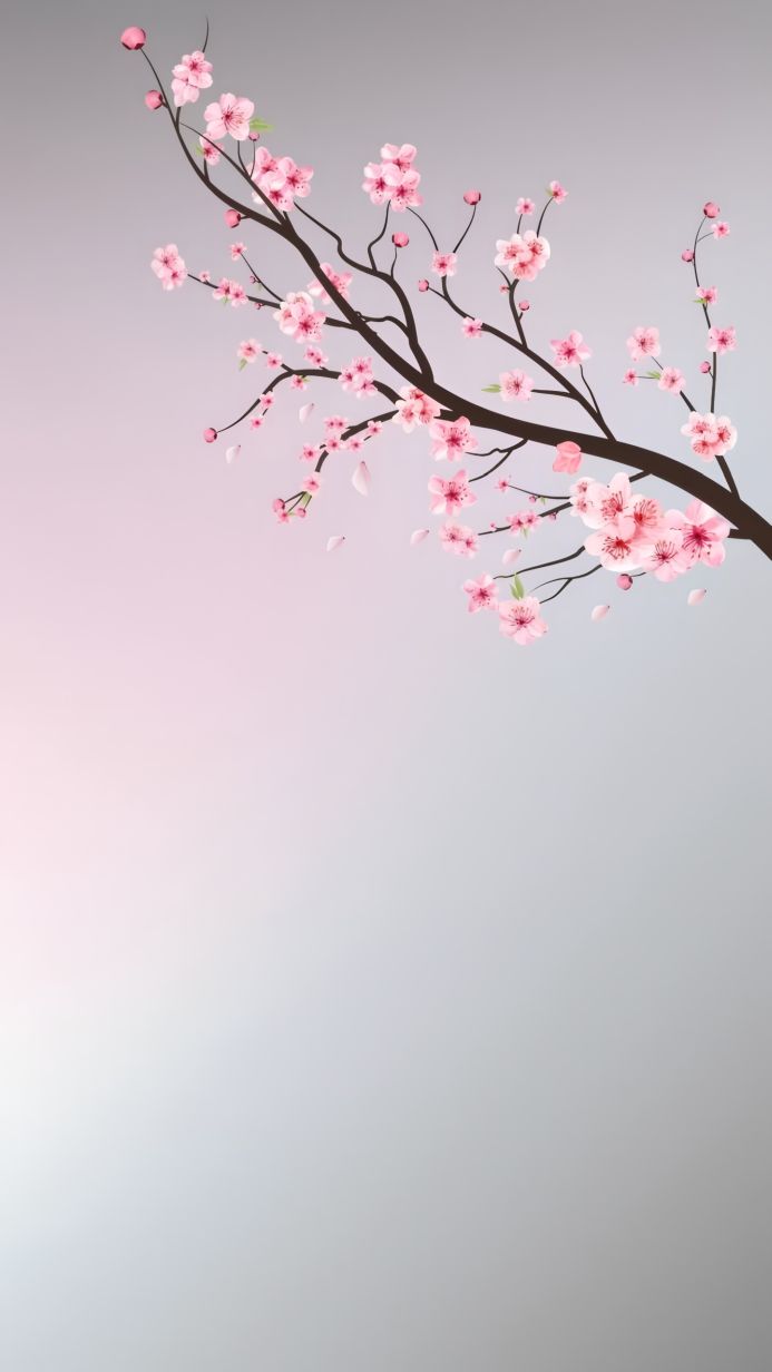 A branch with pink sakura blossoms against a grey and pink background