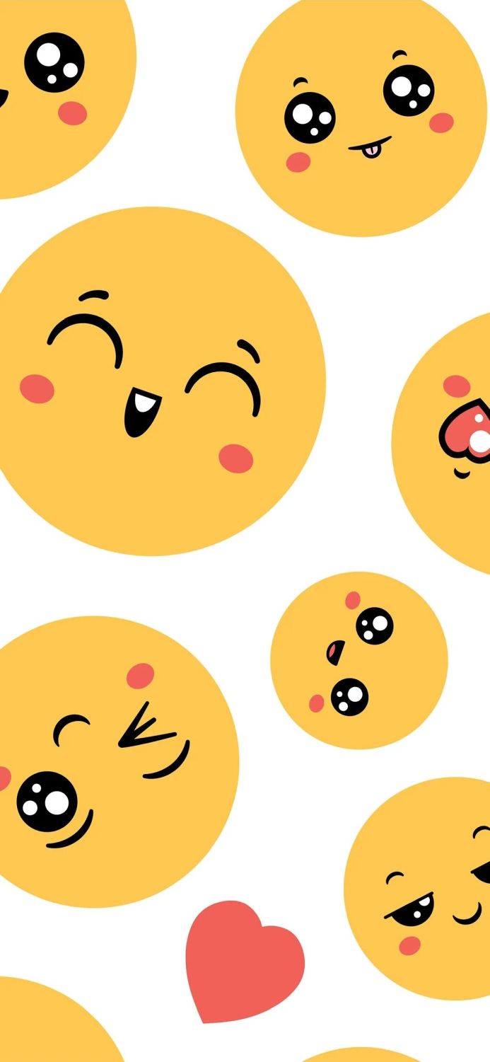Seamless pattern with various yellow emojis and a red heart on a white background