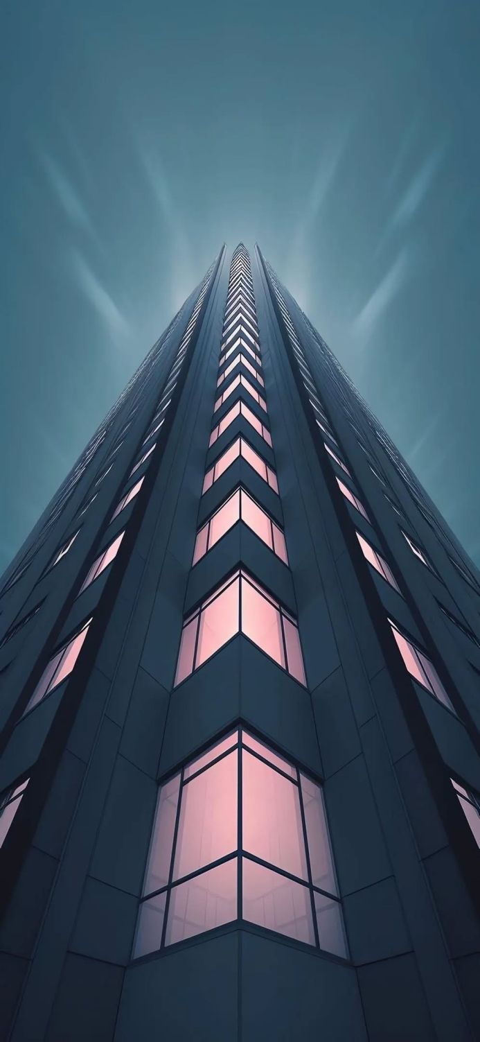 A tall skyscraper with a unique geometric perspective and pink windows