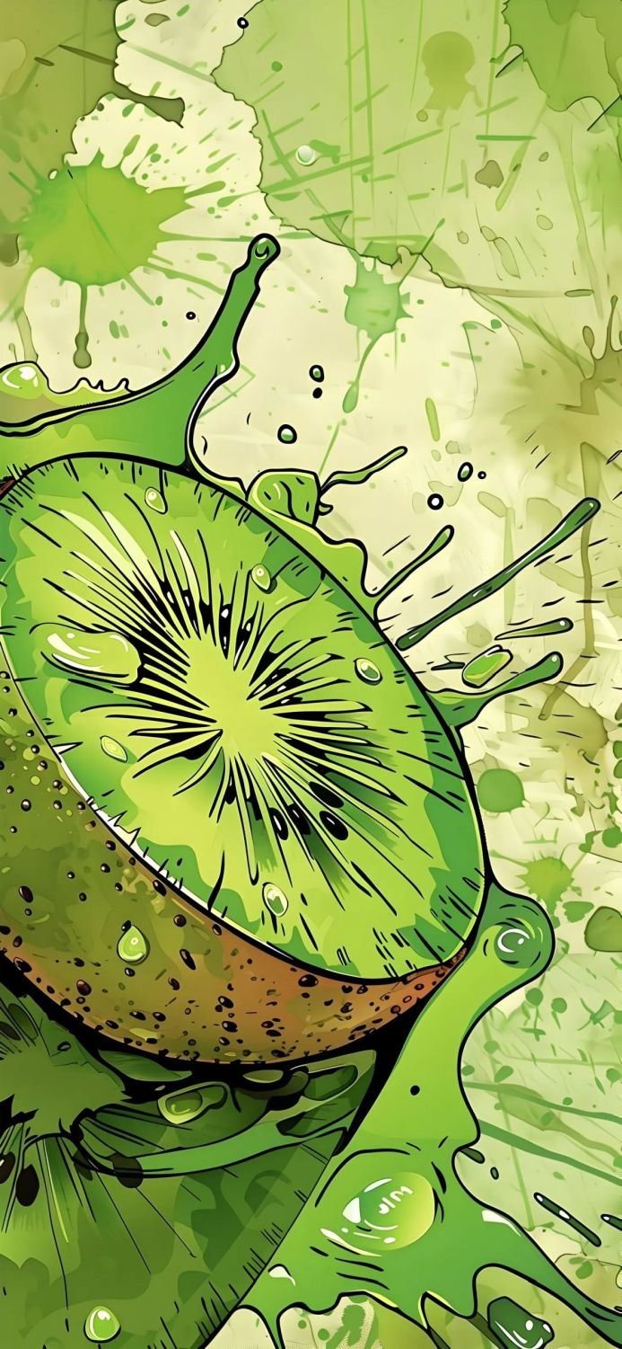 A sliced kiwi with drops of juice and splashes on a green background