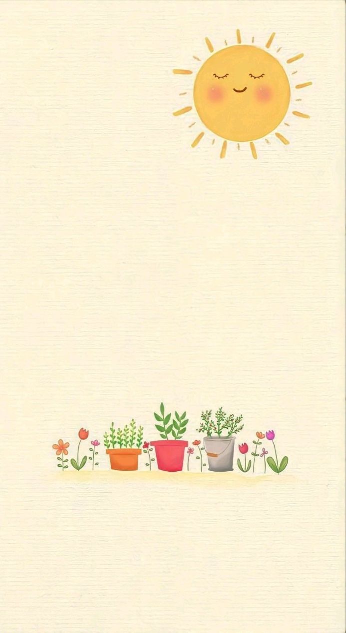 Illustration of a smiling sun above potted plants and flowers