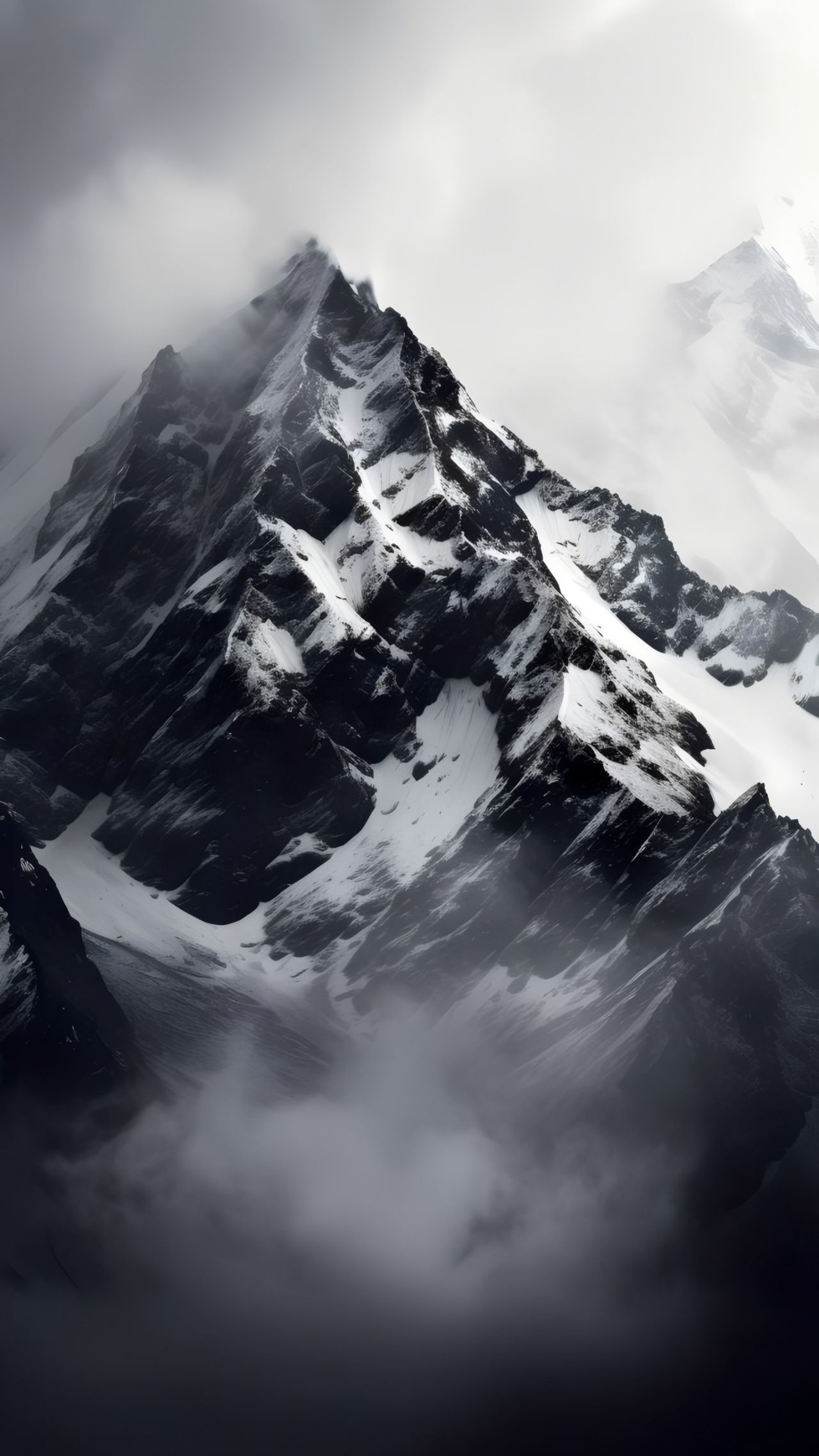 Snowy mountain peak in the fog