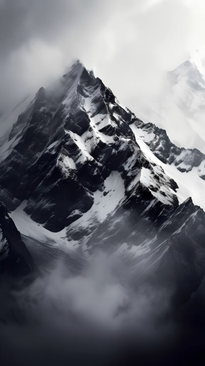 Snowy mountain peak partially obscured by clouds on a grayscale image