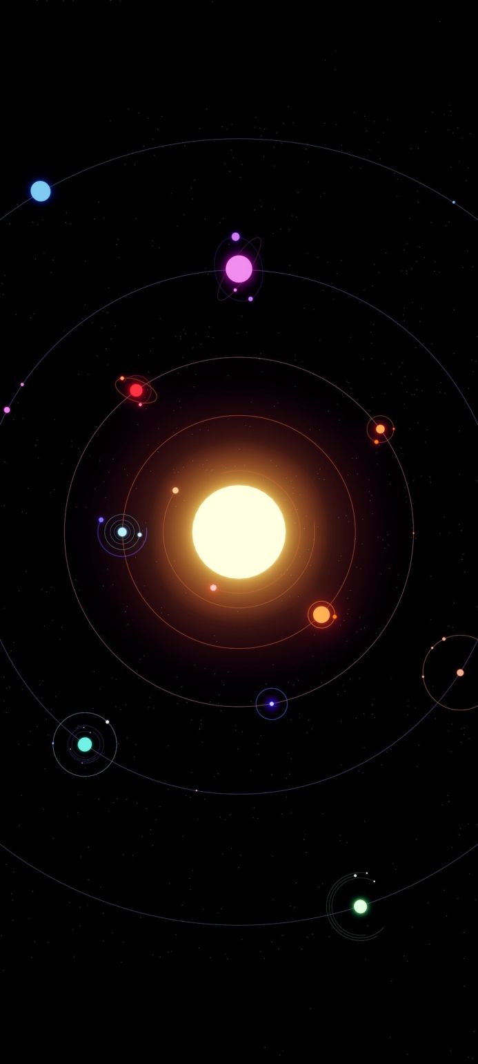 An illustration of the solar system with the sun and planets in orbit