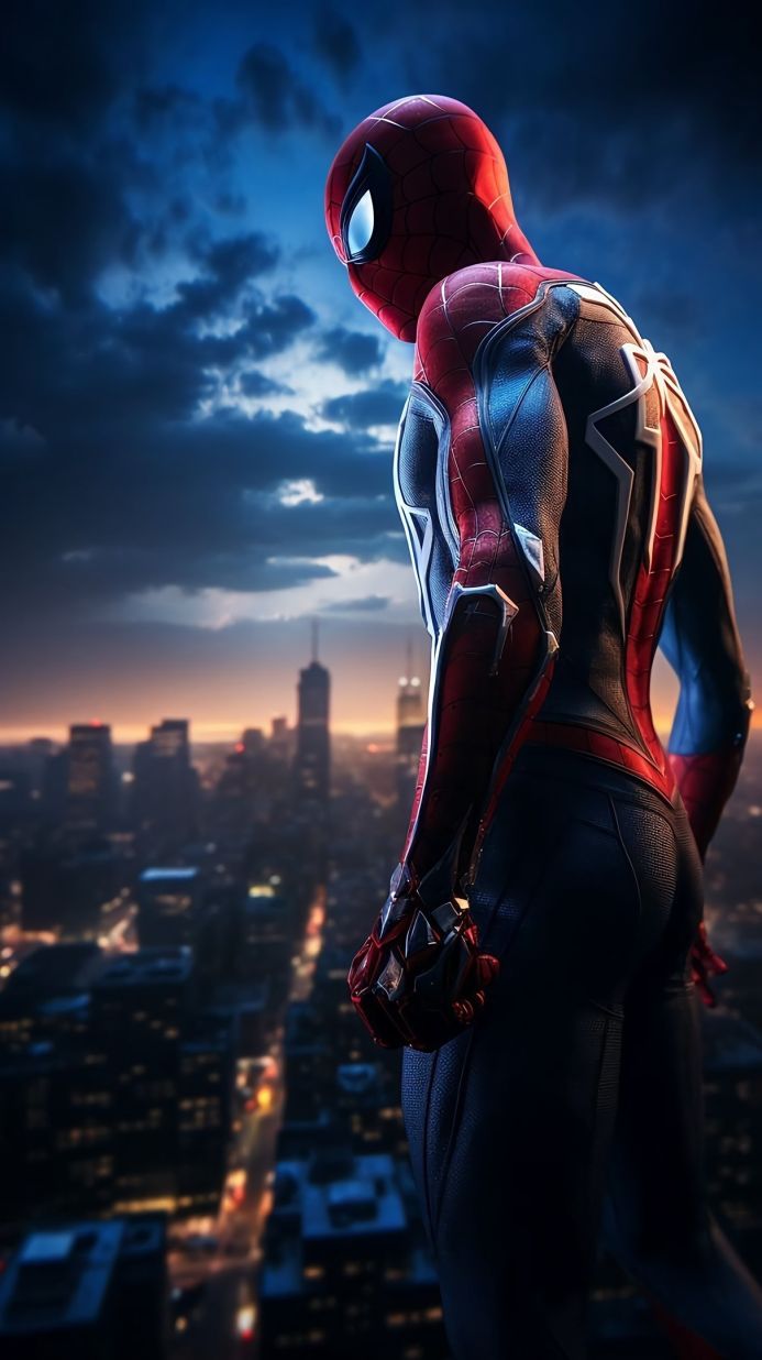 Spider-Man overlooking a city skyline at dusk in his advanced suit