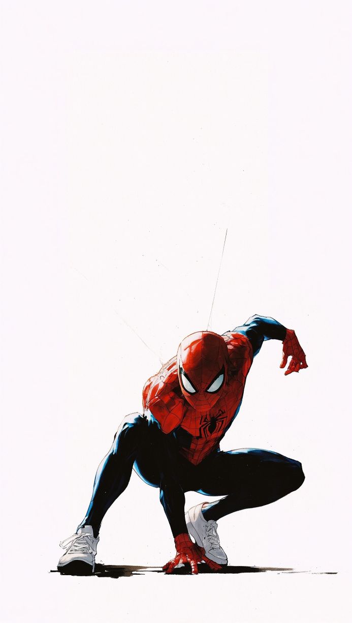 Spider-Man crouching, ready to spring into action. Red and blue suit with white shoes