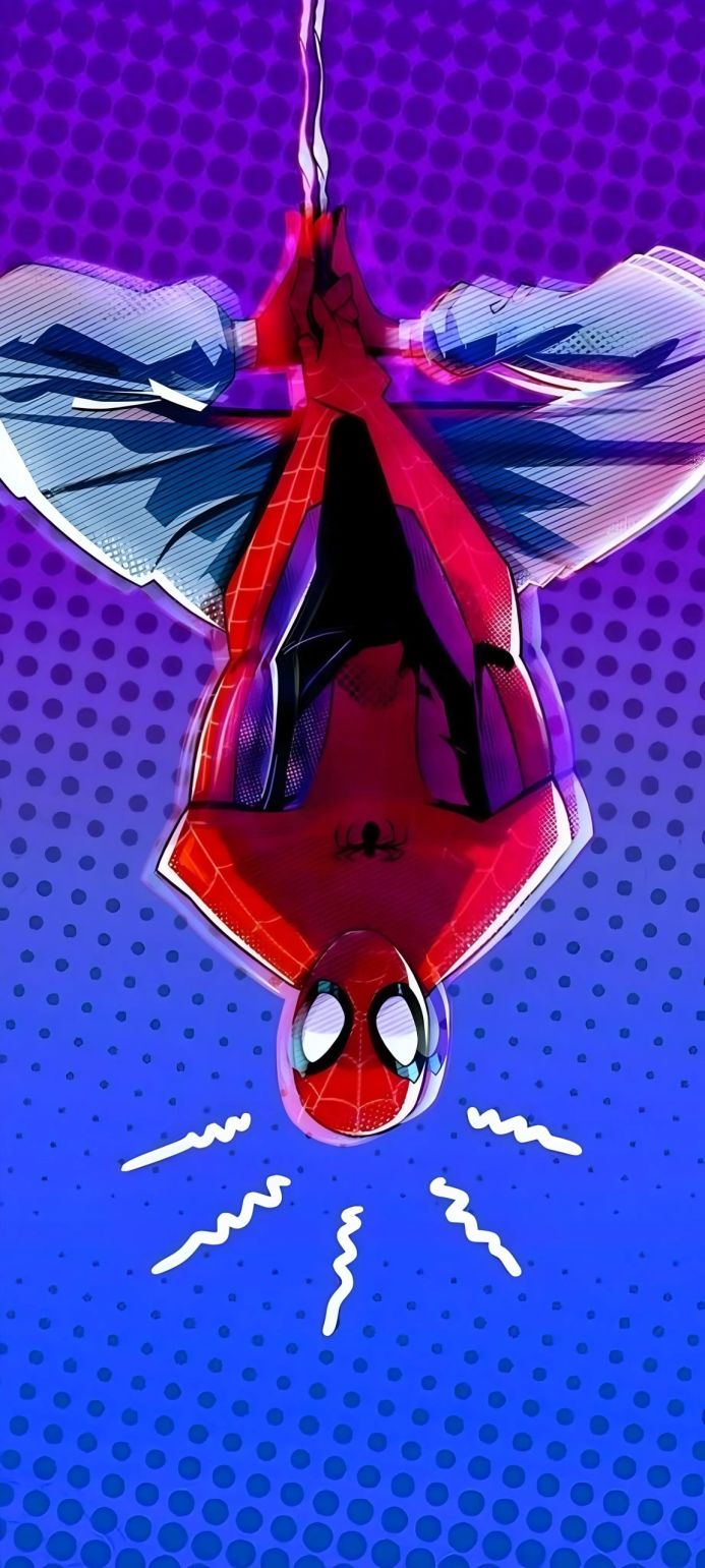 Spider-Man hanging upside down in a comic book style image