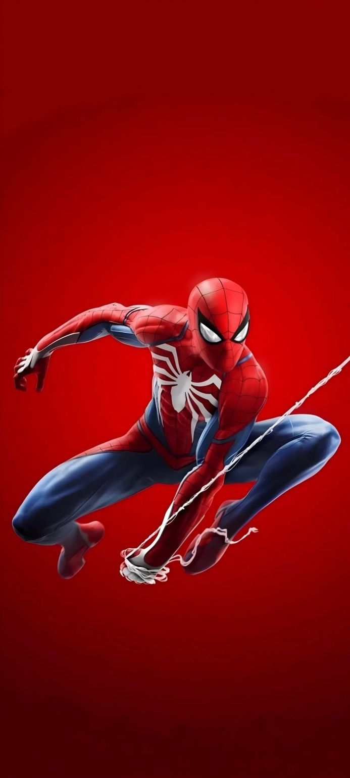 Spider-Man in a dynamic pose against a red background, shooting a web