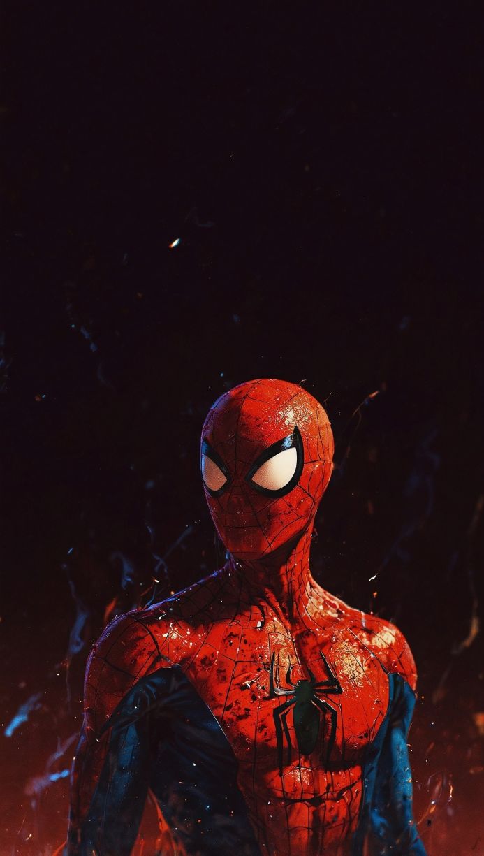 Spider-Man with a red and blue suit on a dark background