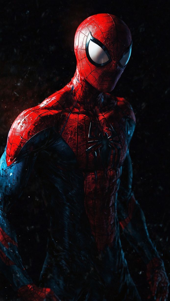 Spider-Man in classic red and blue suit, looking down in the dark