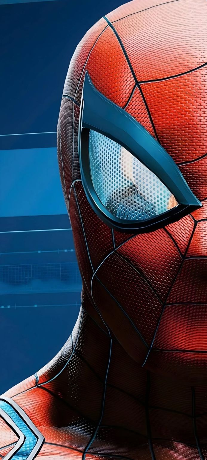 Close-up of Spider-Man's mask showing one eye and the detailed texture of his suit