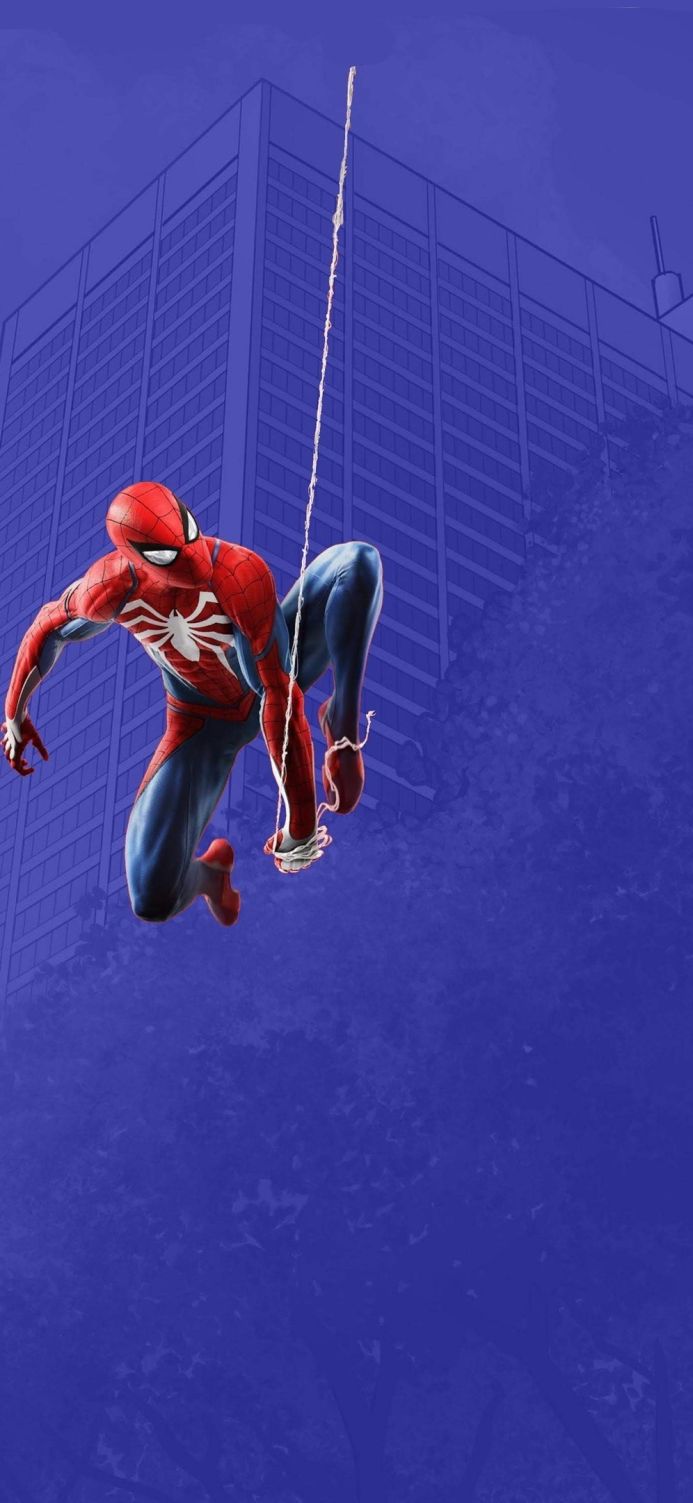 Spider-Man swinging through the city, blue background