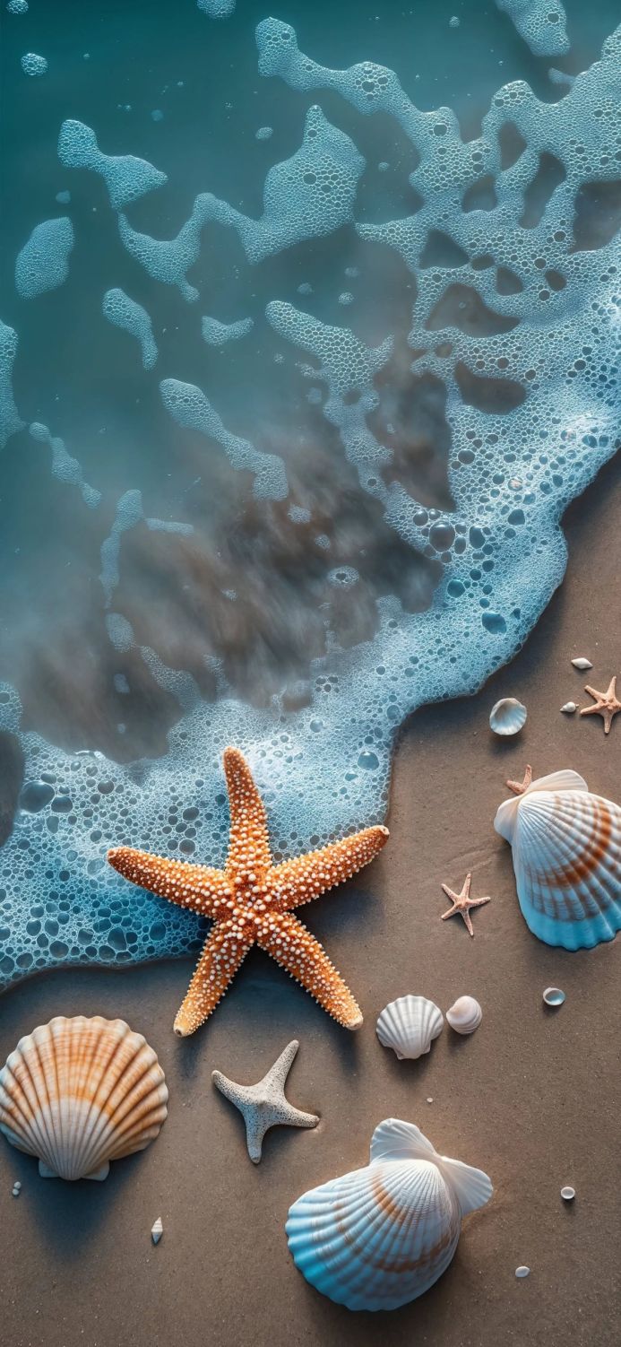Starfish and seashells on the sand with ocean wave