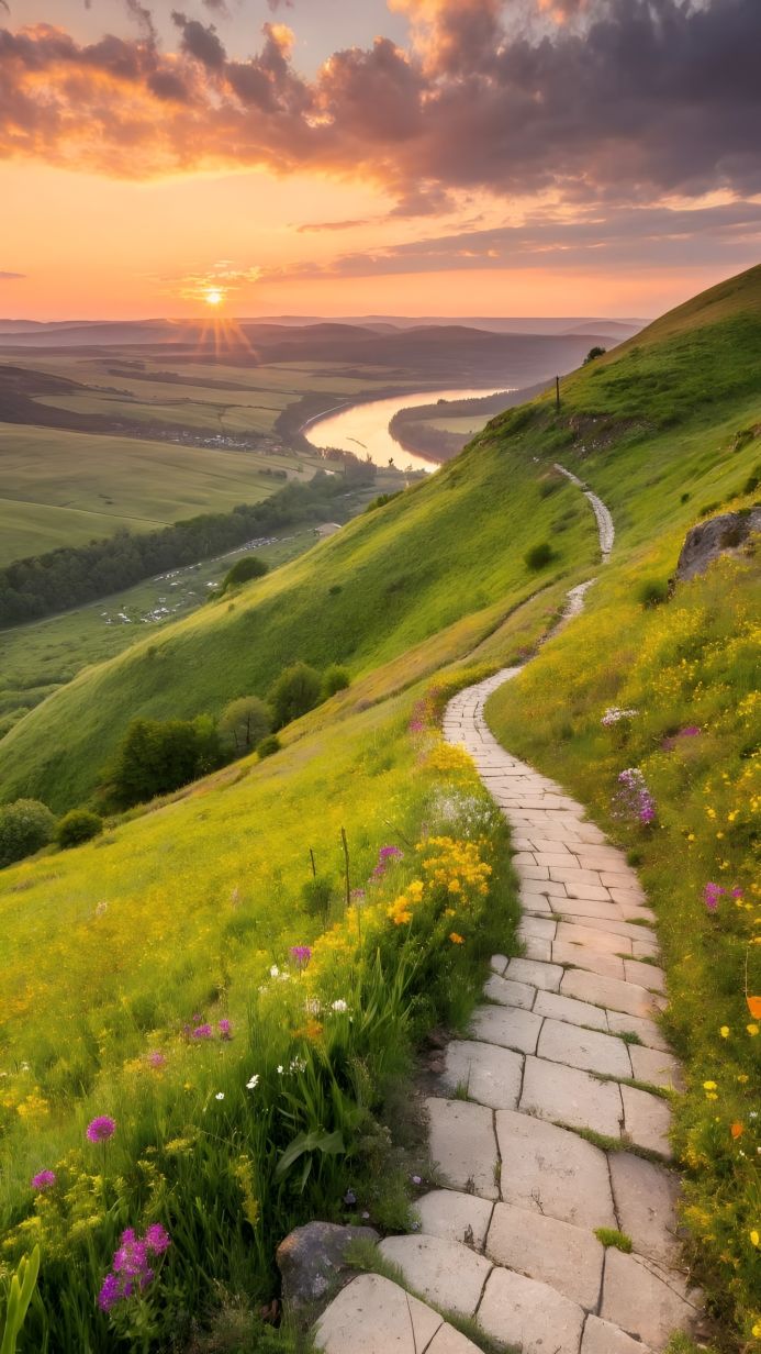 Stone path winding through green hills towards a sunset with flowers