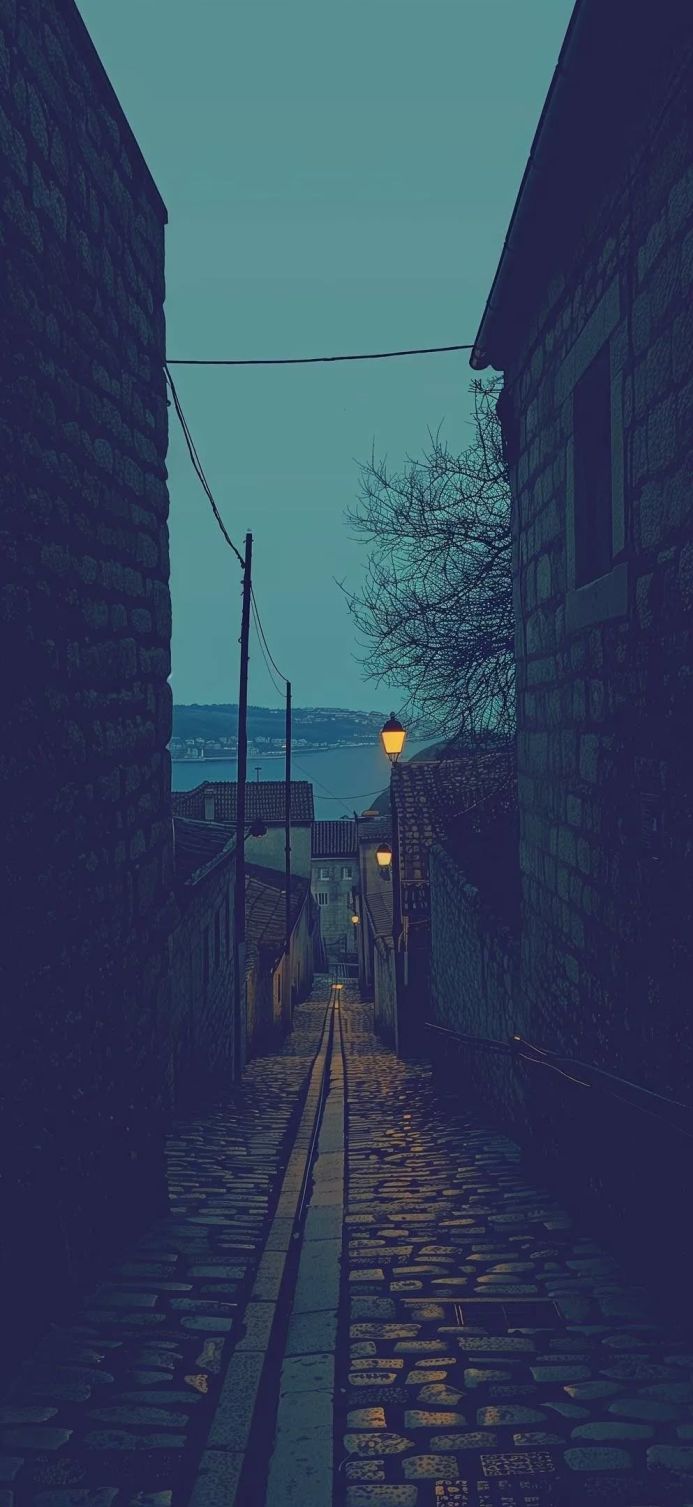 Narrow street view between stone buildings with distant sea at night