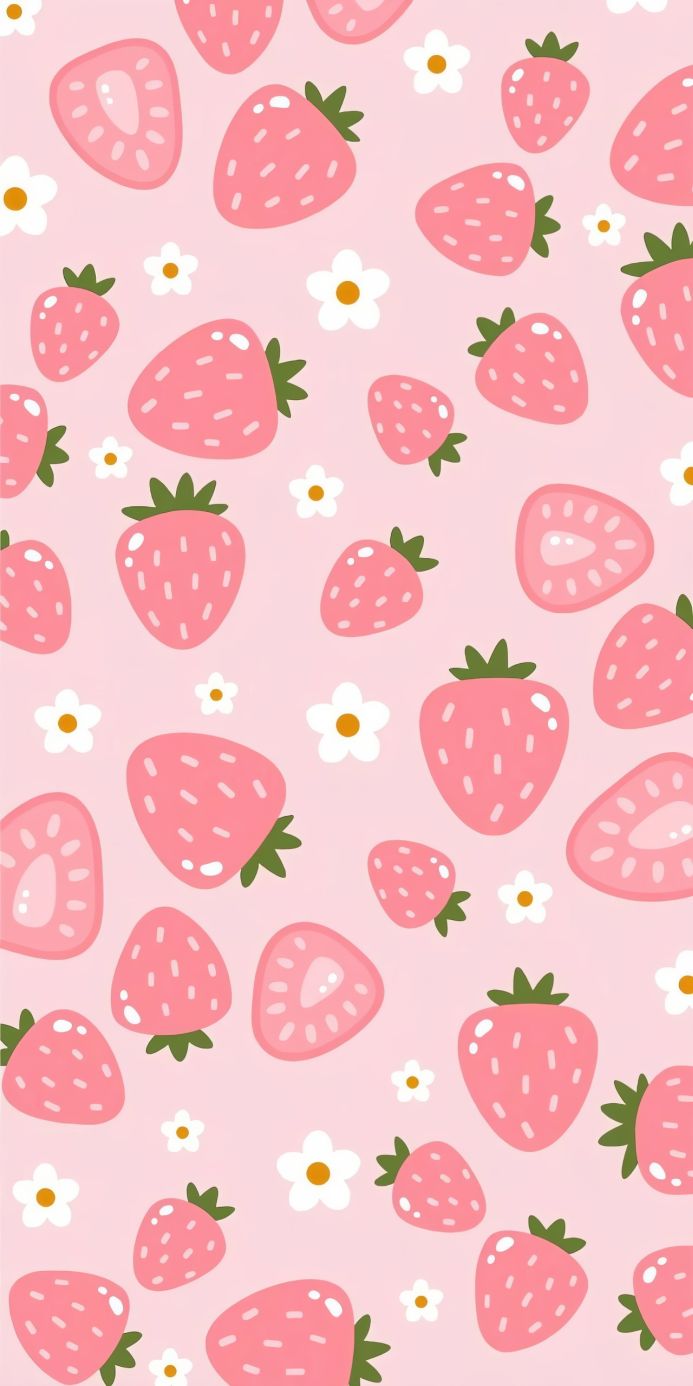 Seamless pattern with strawberries and small white flowers on pink background