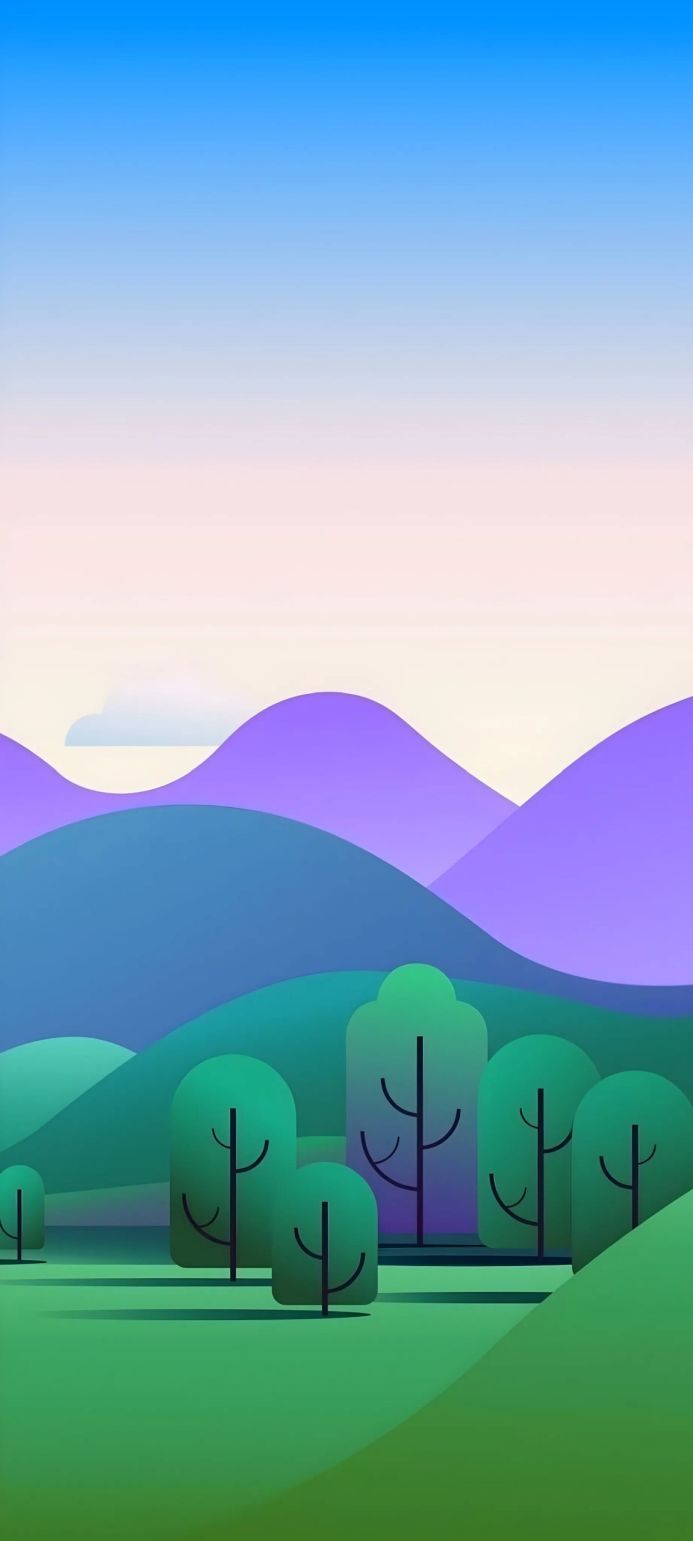 Stylized landscape with trees and mountains in shades of green, blue and purple