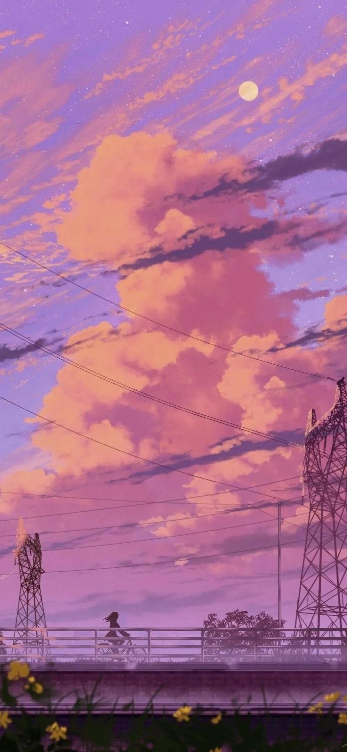 A woman riding a bicycle on a bridge with power lines under a sunset sky with pink and purple clouds