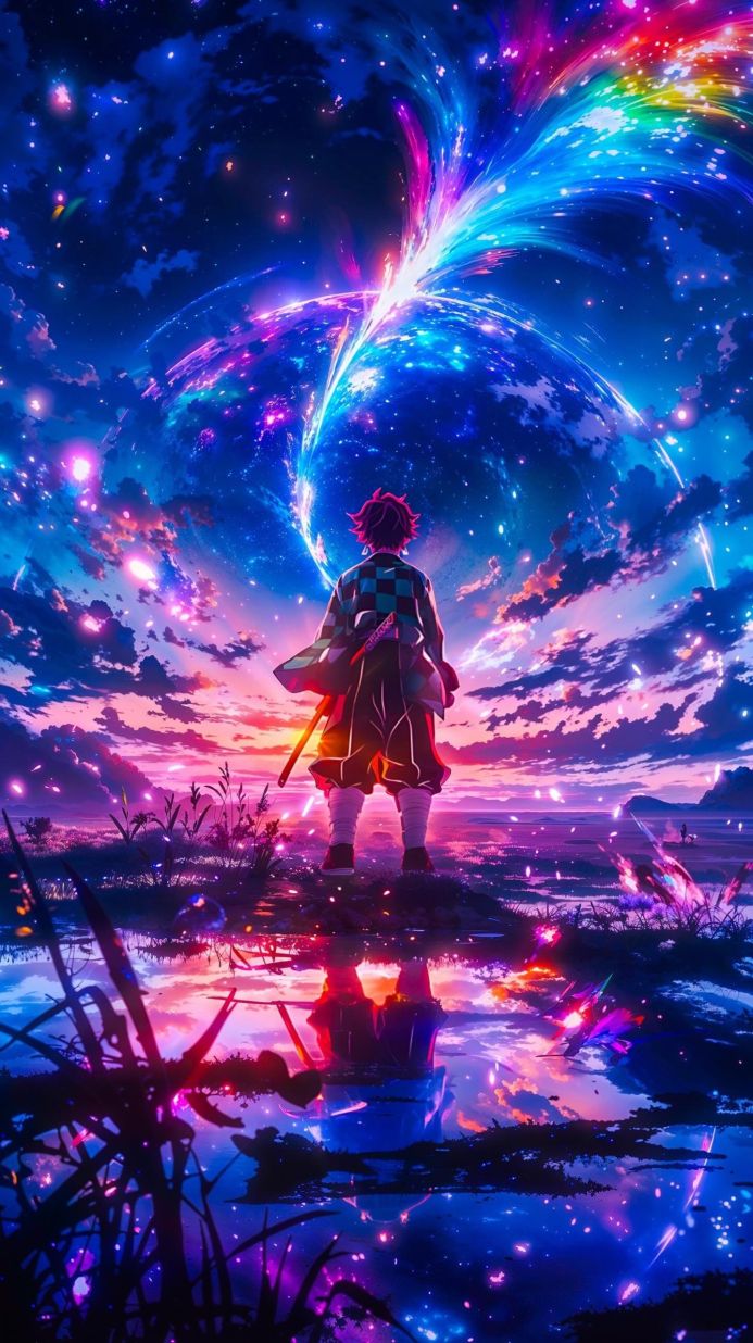 Tanjiro Kamado from Demon Slayer gazing at a swirling rainbow of energy in the sky