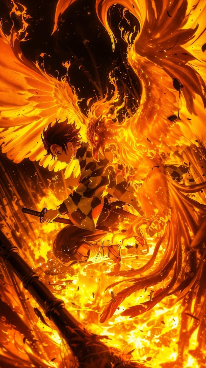 Tanjiro Kamado from Demon Slayer surrounded by flames and a phoenix