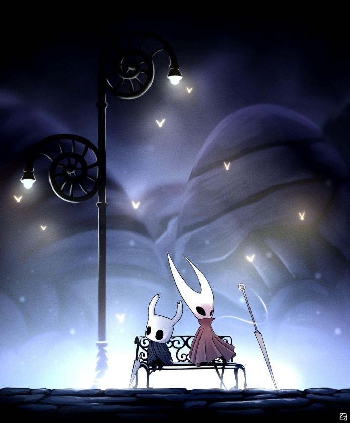 The Knight and Hornet sitting on a bench under a lamppost in Hollow Knight
