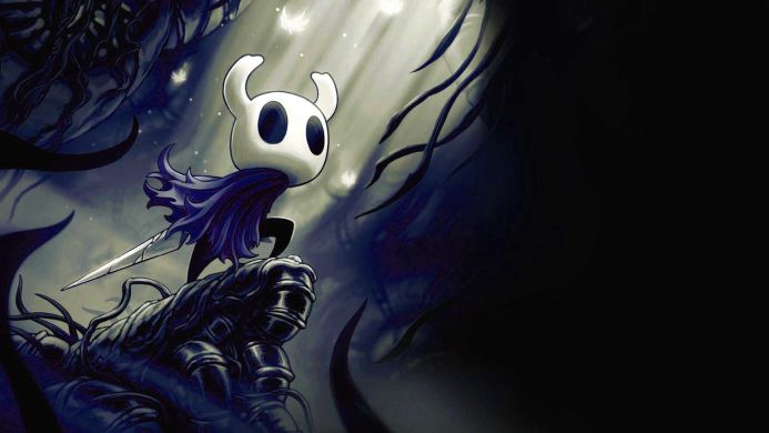The Knight from Hollow Knight standing on a rock with sword