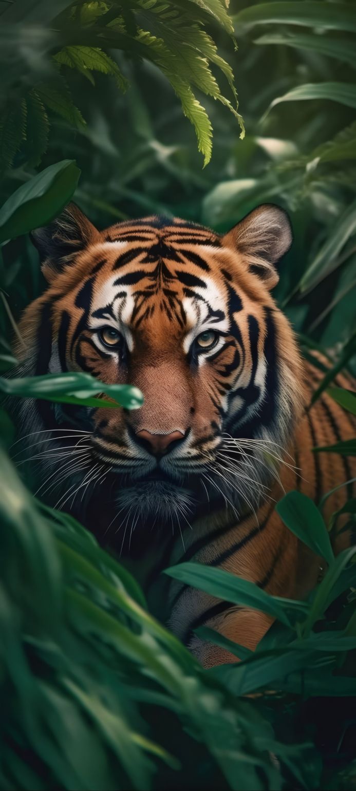 Close-up of a tiger face surrounded by green leaves