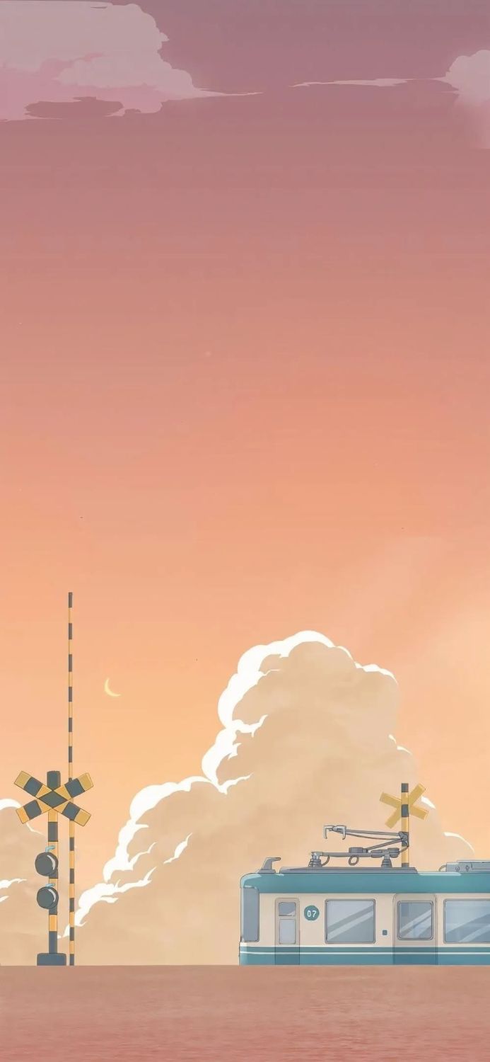 A train next to the railway crossing under the sunset sky with moon and clouds