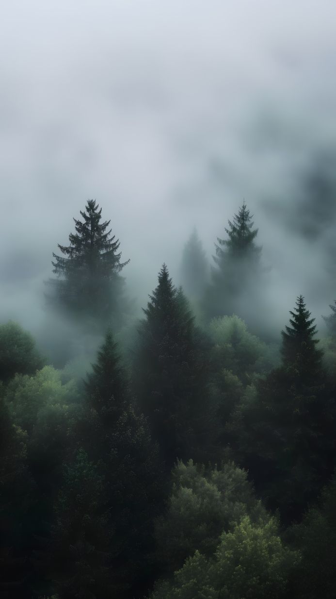 Trees in fog, forest, landscape