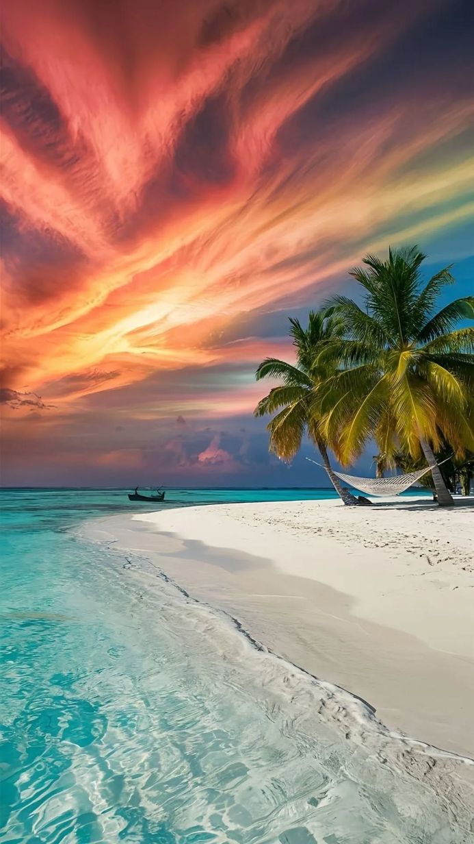 Tropical beach with palm trees, a hammock, turquoise water, and a boat on the horizon at sunset