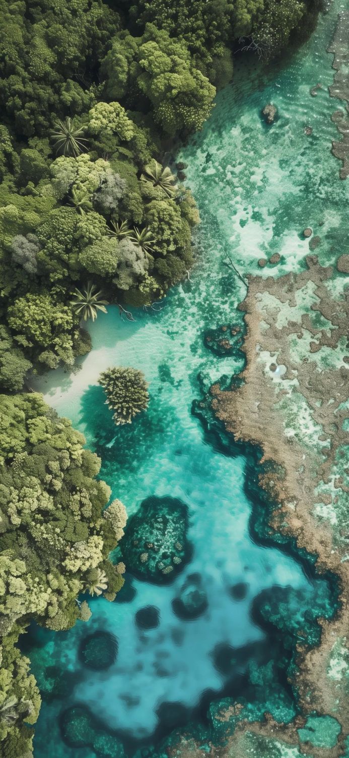 Aerial view of a tropical forest and coral reef with turquoise water