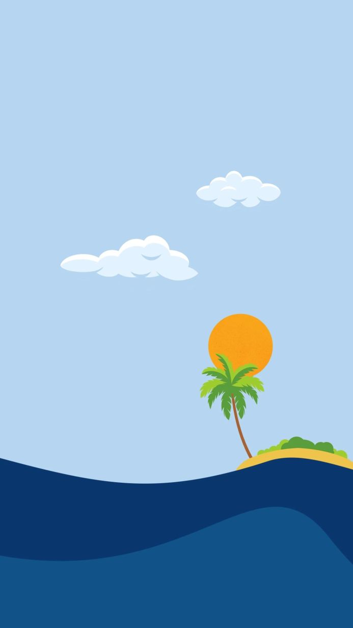 Illustration of a tropical island with a palm tree, the sun, sea, and clouds
