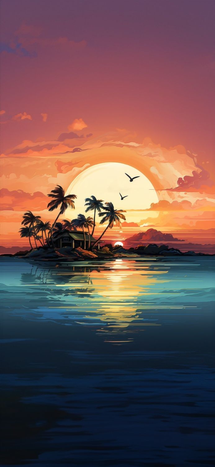 Tropical island with palm trees and a house at sunset reflecting on the ocean water