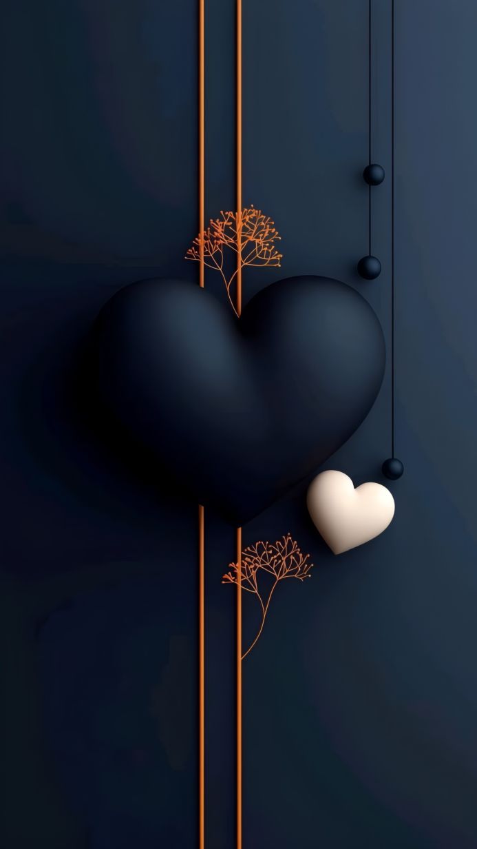 Two hearts, one black and one white, on a dark blue background with orange accents