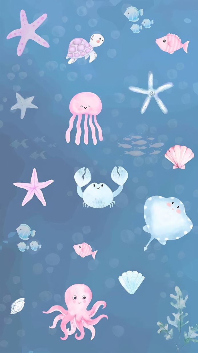 Illustration of various sea creatures including starfish, turtle, jellyfish, and octopus on a blue background