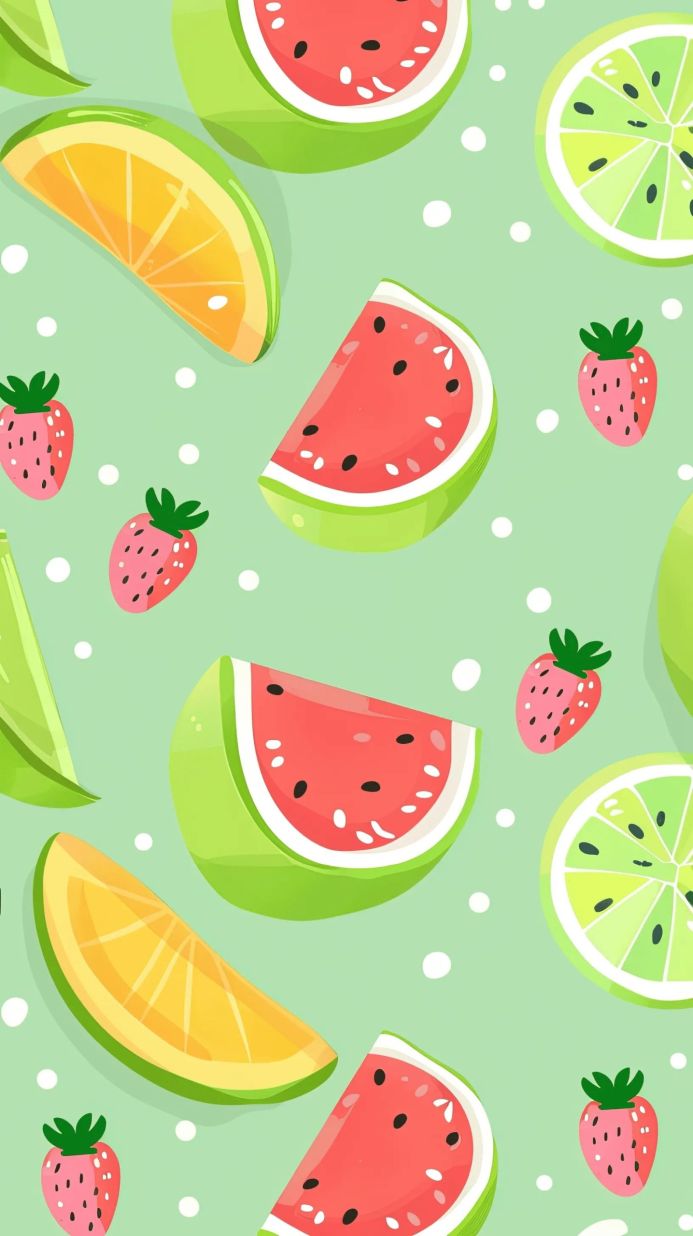 Illustration with watermelon, orange, lime and strawberry slices on a green background