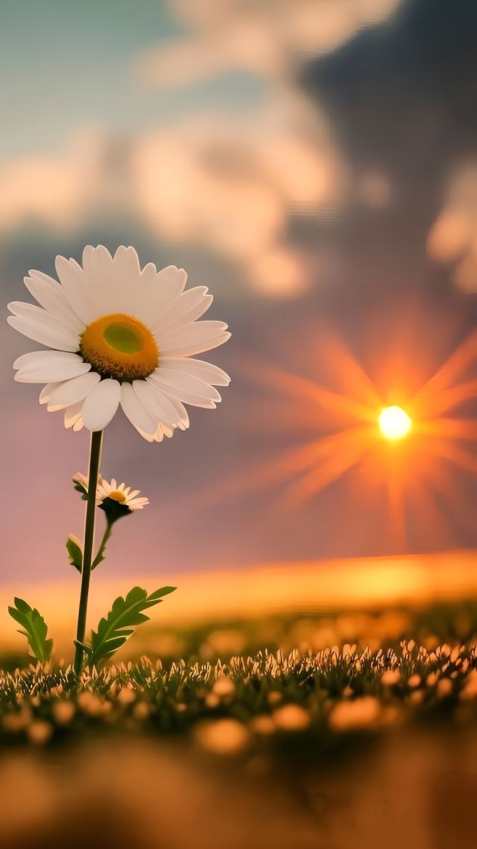 White daisy in a field at sunset with a bright sun shining in the sky