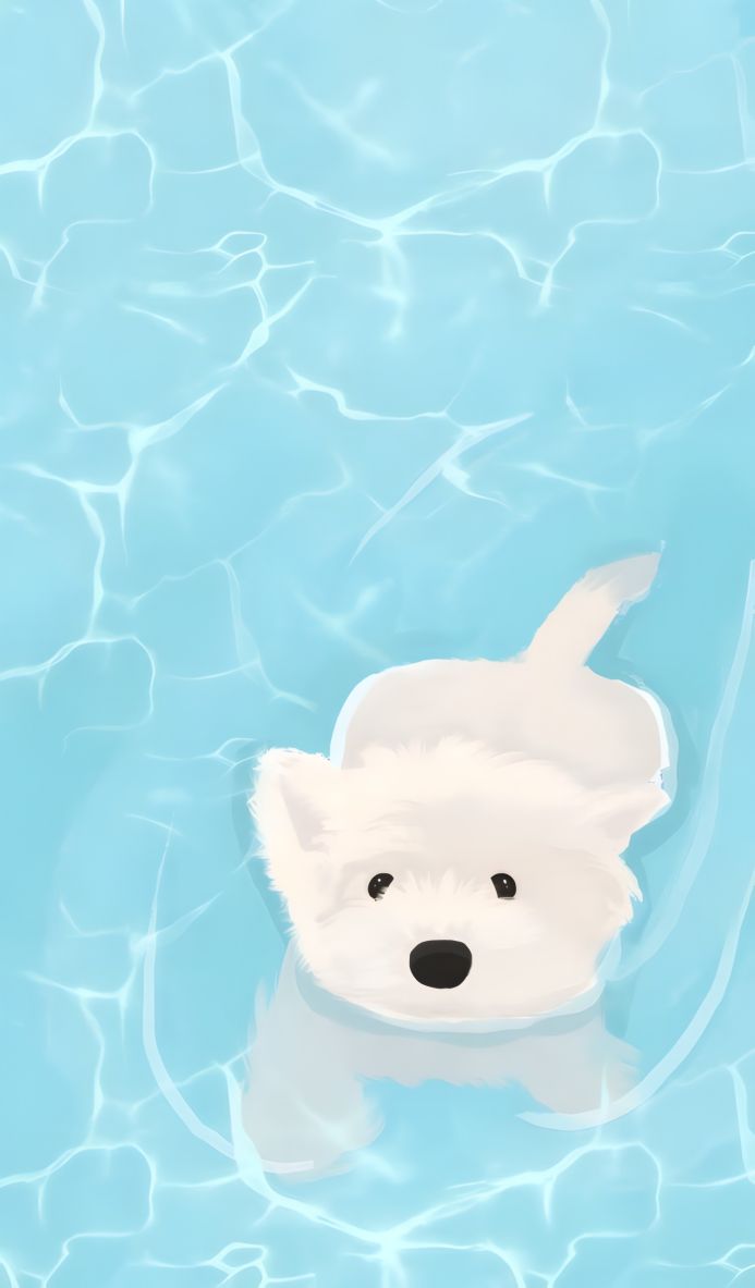 A white dog swimming in blue water