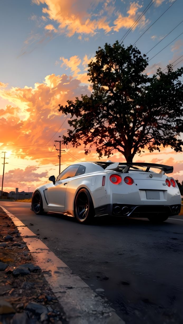 White Nissan GT-R parked on a road at sunset with a tree in the background