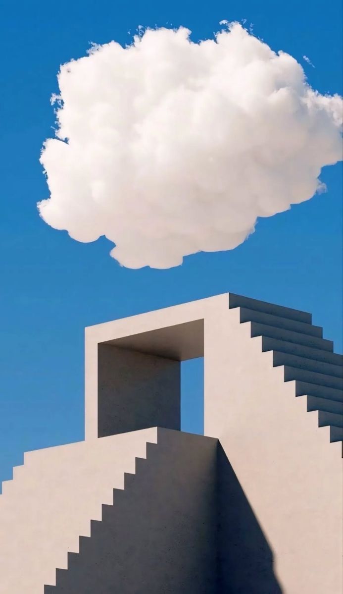 A white staircase leading to a bright blue sky with a puffy white cloud