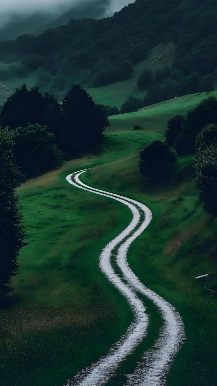 A winding white road through a green landscape